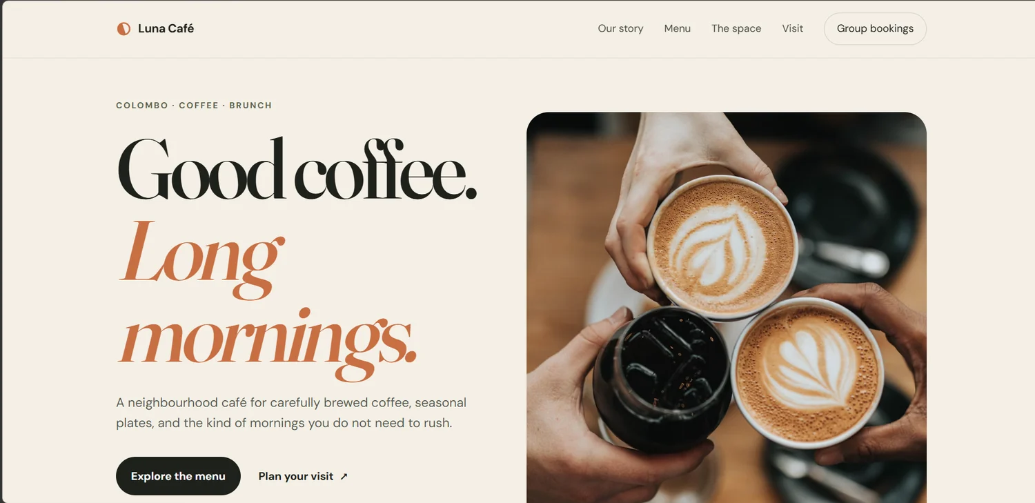 Luna Café desktop website homepage