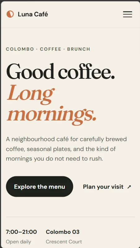 Luna Café mobile website homepage