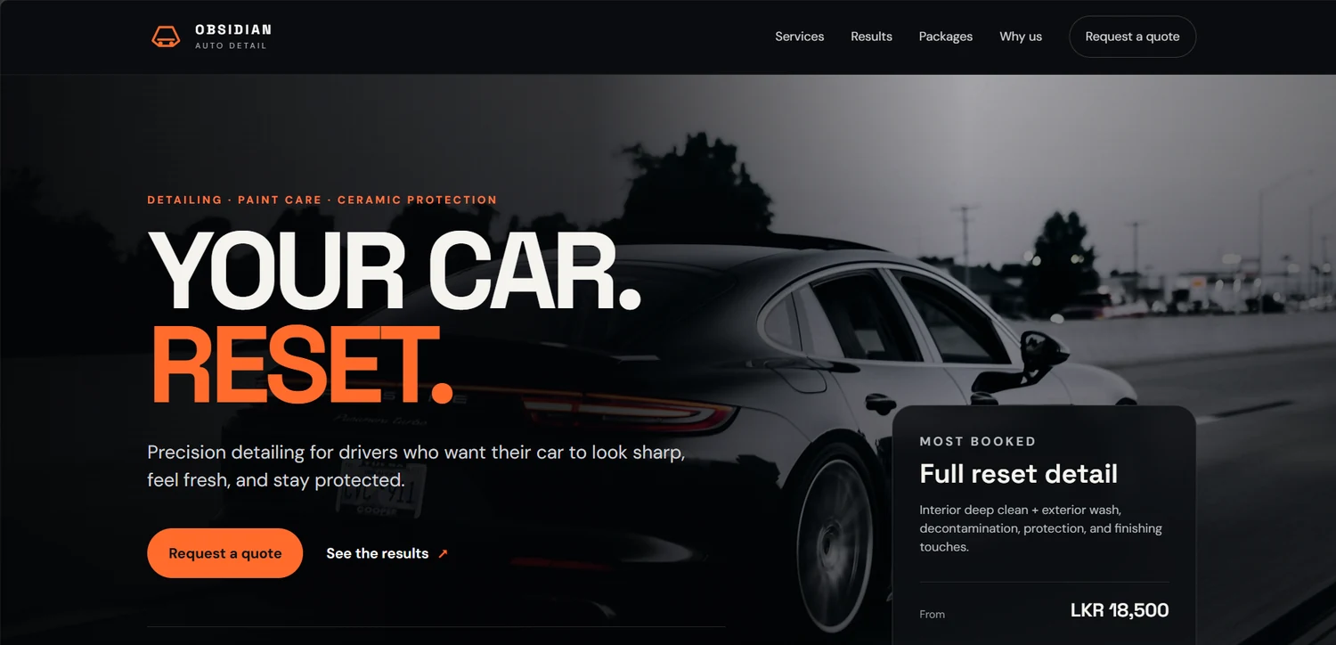 Obsidian Auto Detail desktop website homepage