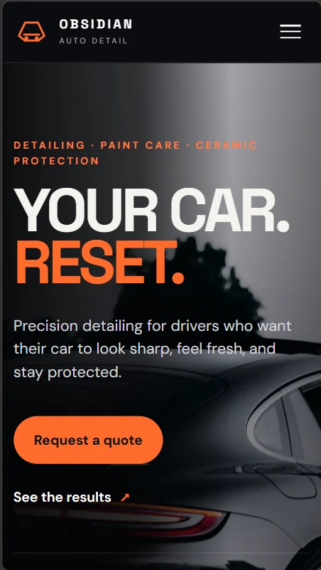 Obsidian Auto Detail mobile website homepage